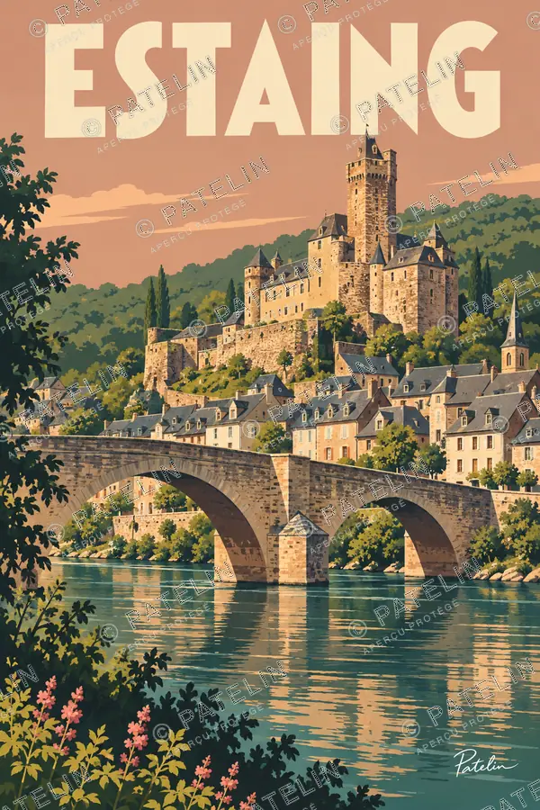 Illustration Estaing — Le château et le pont au couchant, style Pop