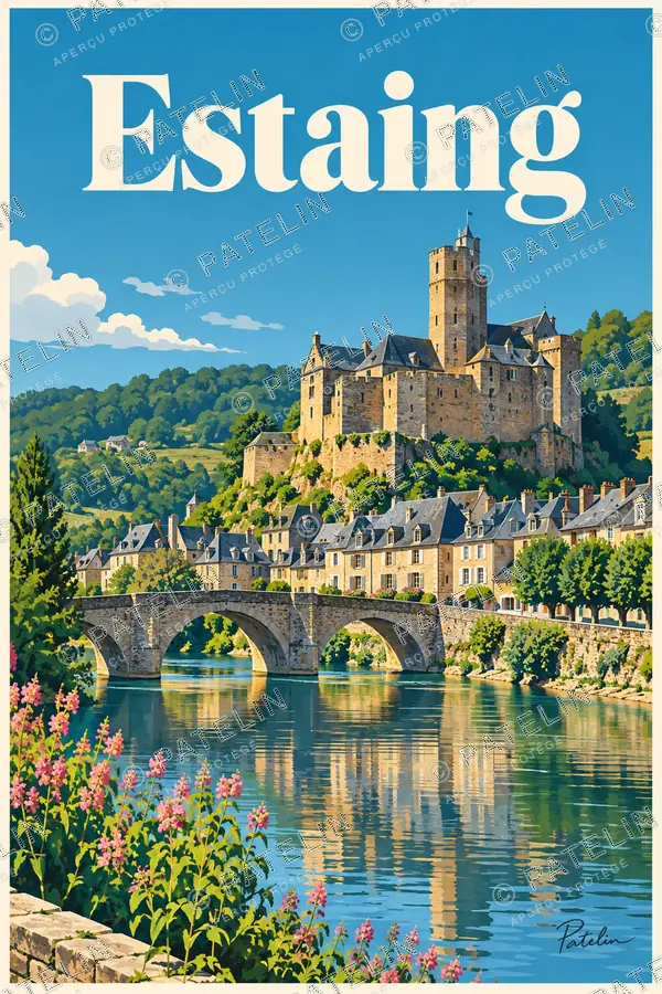 Illustration Estaing — Le pont et ses reflets, style Pop