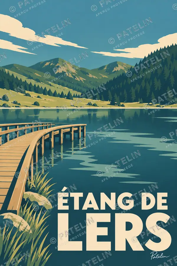 Illustration Étang de Lers — Le ponton face aux montagnes, style Minimal