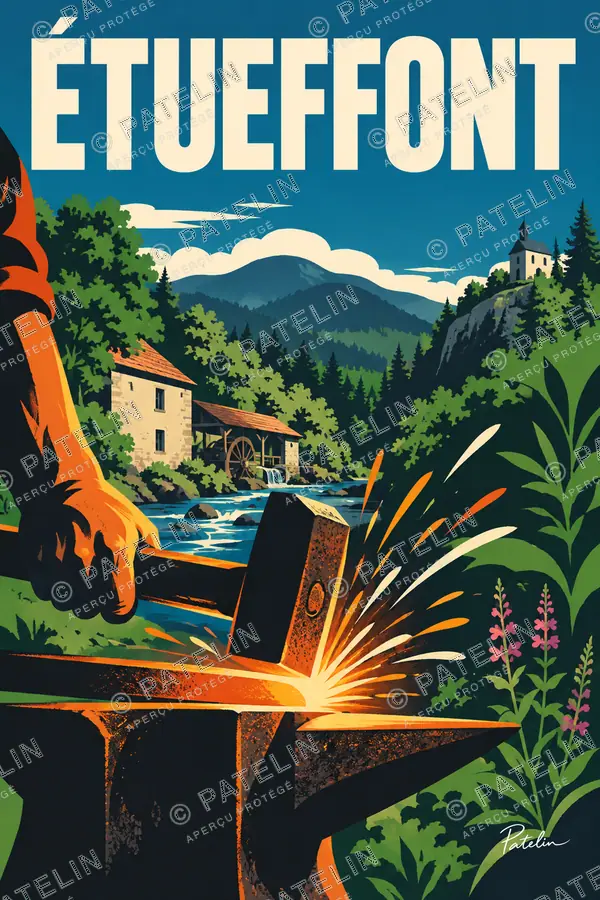 Illustration Étueffont — La forge et les Vosges, style Pop