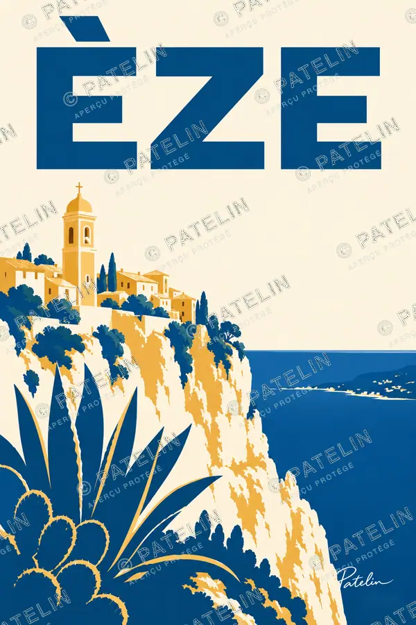 Illustration Èze — Le village et les agaves, style Minimal