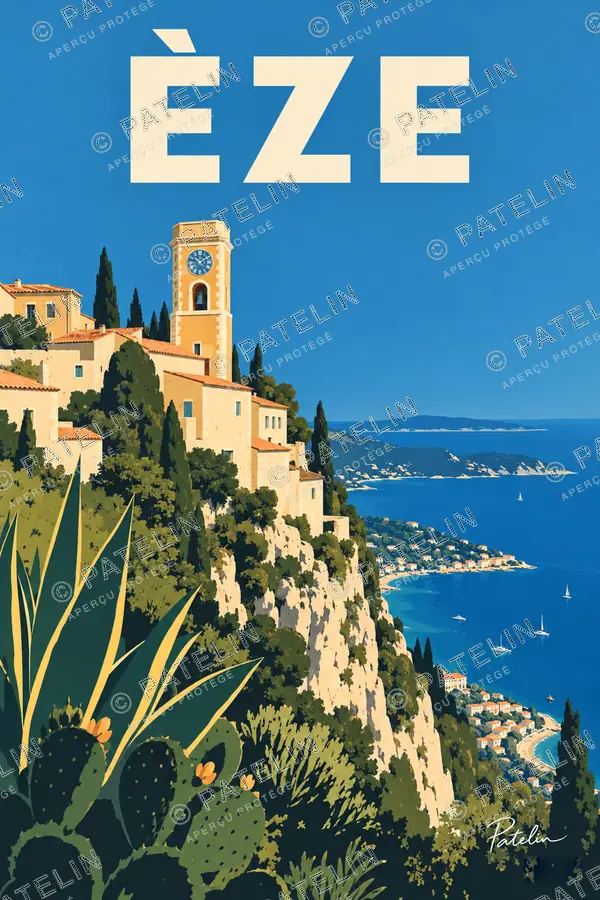 Illustration Èze — Le clocher et les agaves, style Pop