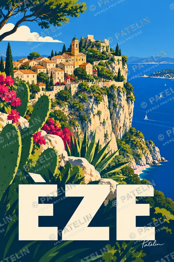 Illustration Èze — Le village et les fleurs, style Pop