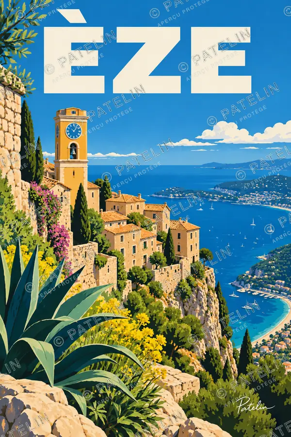 Illustration Èze — Le village au-dessus de la mer, style Pop