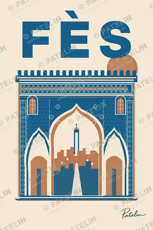 Illustration Fès — La porte bleue de la médina, style Minimal