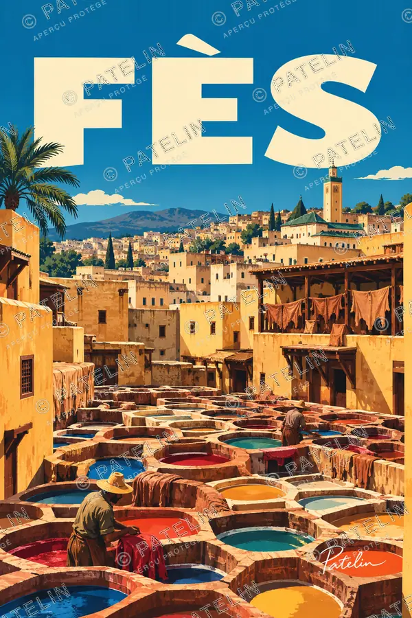 Illustration Fès — Les tanneries et la médina, style Pop