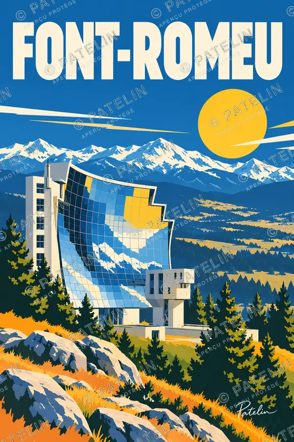 Illustration Font-Romeu — Le four solaire et les montagnes, style Pop