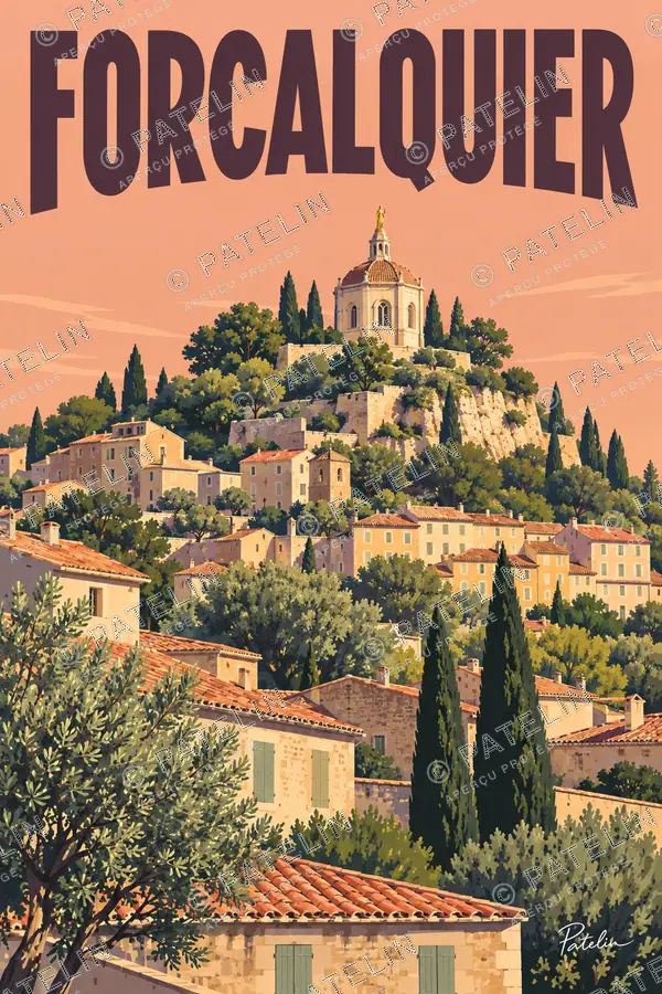 Illustration Forcalquier — Les toits sous la citadelle, style Pop