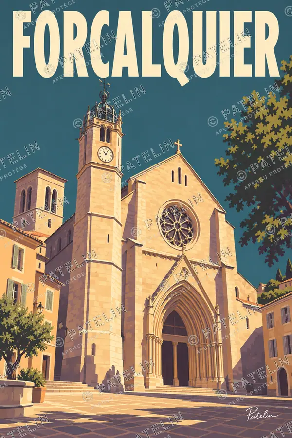 Illustration Forcalquier — Le clocher et la façade sur la place, style Pop