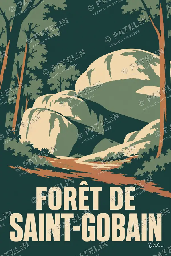 Illustration Forêt de Saint-Gobain — Les rochers dans l’ombre de la forêt, style Minimal