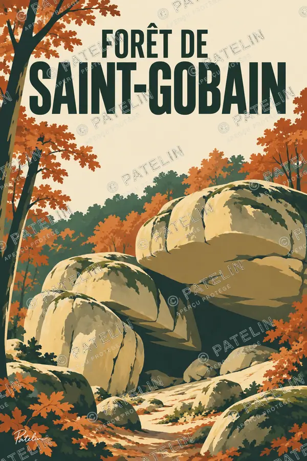 Illustration Forêt de Saint-Gobain — Le sentier entre les pierres et les arbres, style Minimal