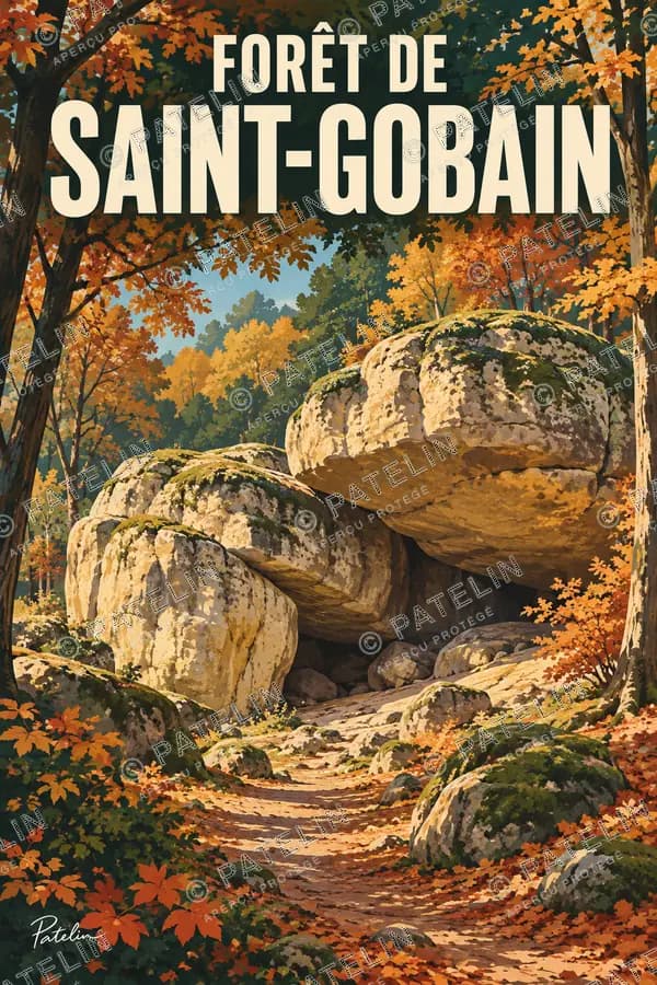 Illustration Forêt de Saint-Gobain — Les rochers sous les feuillages, style Pop