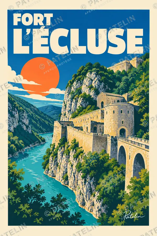 Illustration Fort l’Écluse — La forteresse à flanc de falaise, style Pop
