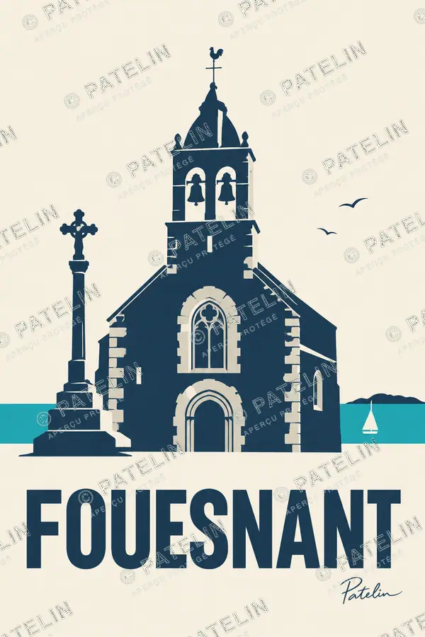 Illustration Fouesnant — L’église et le calvaire, style Minimal