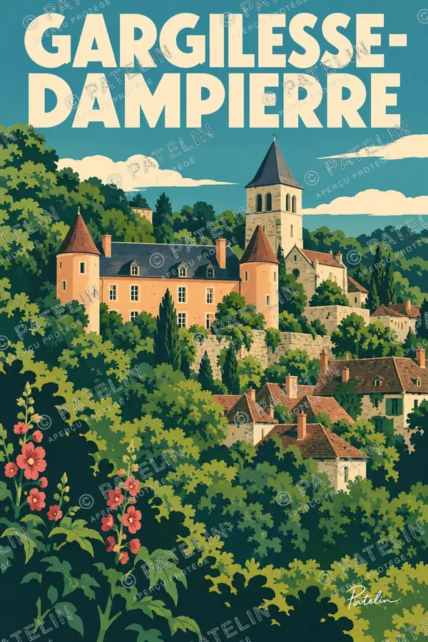 Illustration Gargilesse-Dampierre — Le village et les jardins, style Pop
