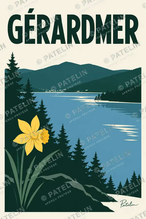 Illustration Gérardmer — Le lac et les jonquilles, style Minimal