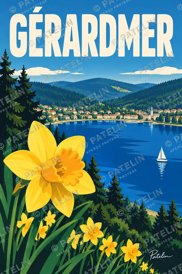 Illustration Gérardmer — Les jonquilles au-dessus du lac, style Pop