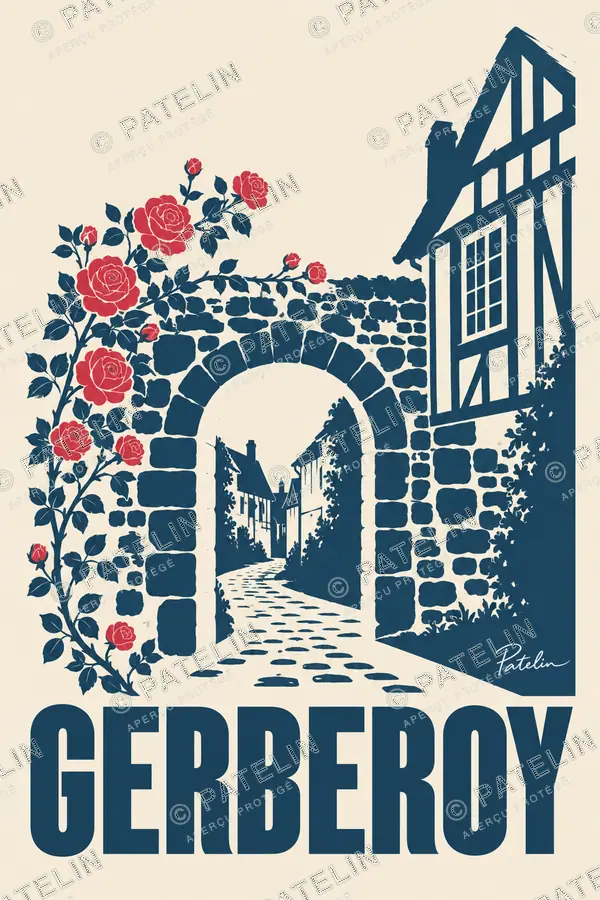 Illustration Gerberoy — La porte et les roses, style Minimal