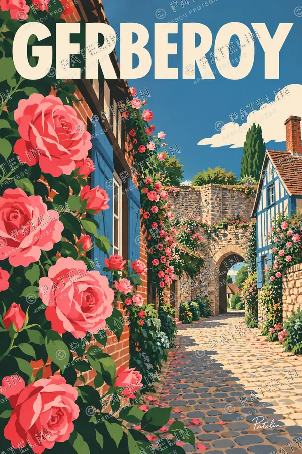 Illustration Gerberoy — La ruelle fleurie, style Pop