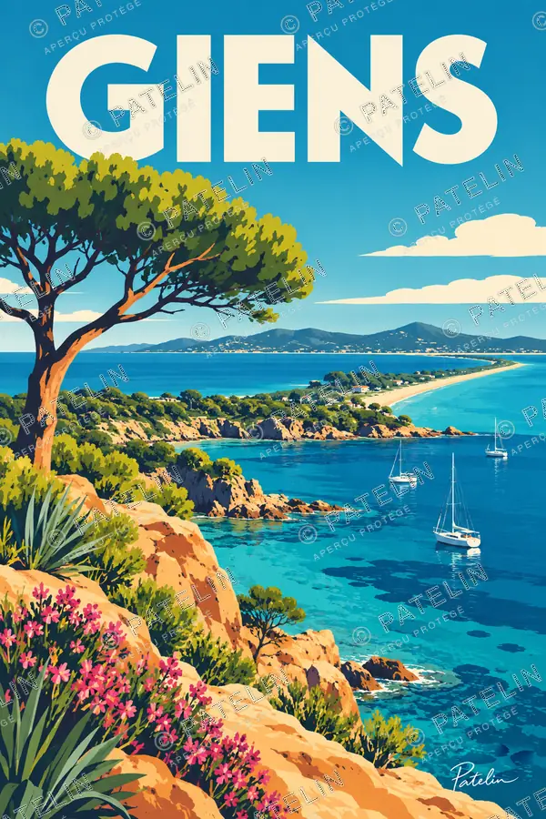 Illustration Giens — La crique et le pin, style Pop