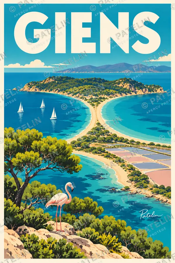 Illustration Giens — Le double tombolo et le flamant, style Pop