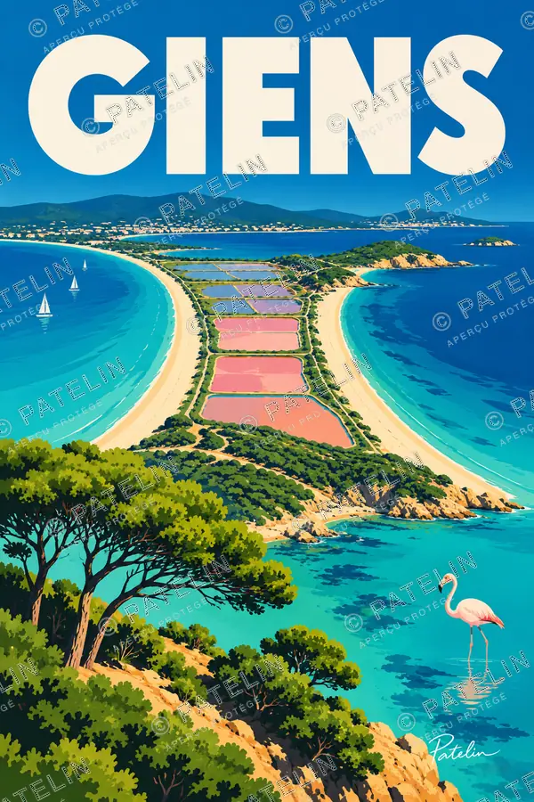 Illustration Giens — Les lagunes et le flamant, style Pop