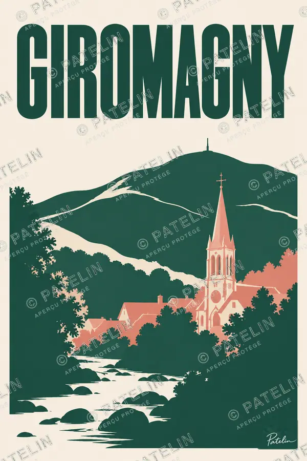 Illustration Giromagny — Le village et les Vosges, style Minimal