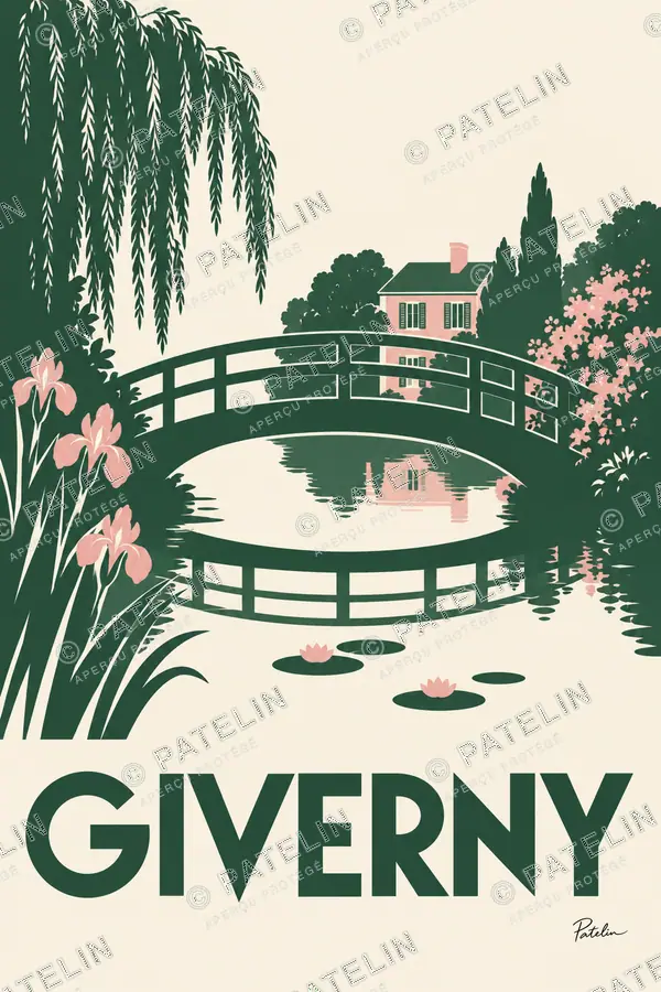 Illustration Giverny — Le pont du jardin de Monet, style Minimal