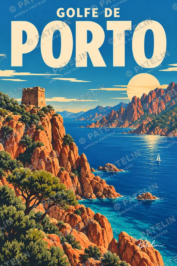 Illustration Golfe de Porto — Le golfe et la tour de Porto, style Pop