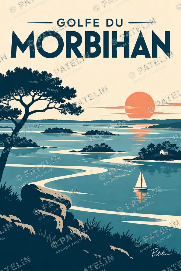 Illustration Golfe du Morbihan — Les îles et les voiles au couchant, style Minimal