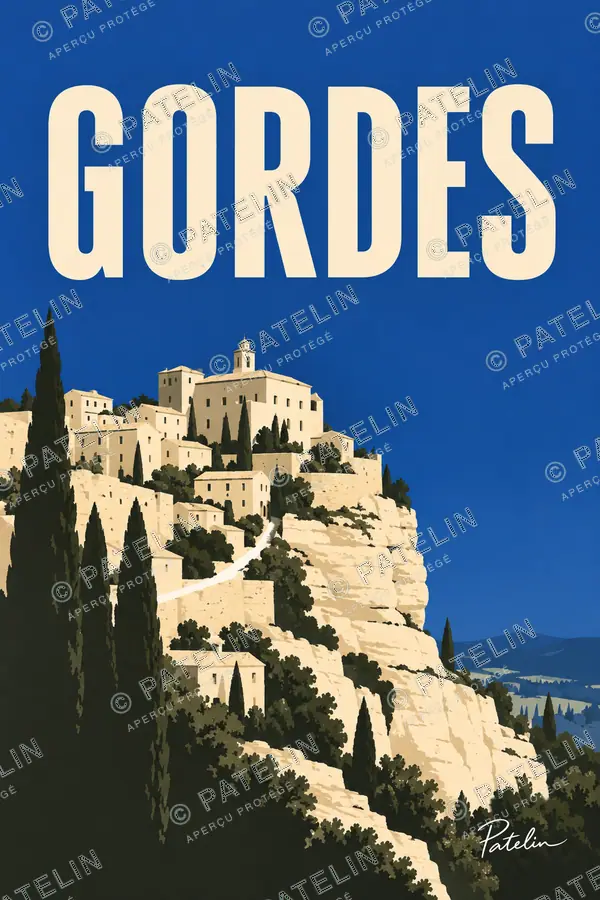 Illustration Gordes — Le rocher et le soleil, style Minimal
