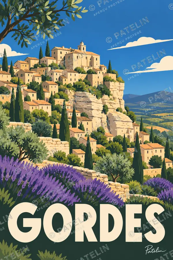 Illustration Gordes — Le village dans la lumière, style Pop