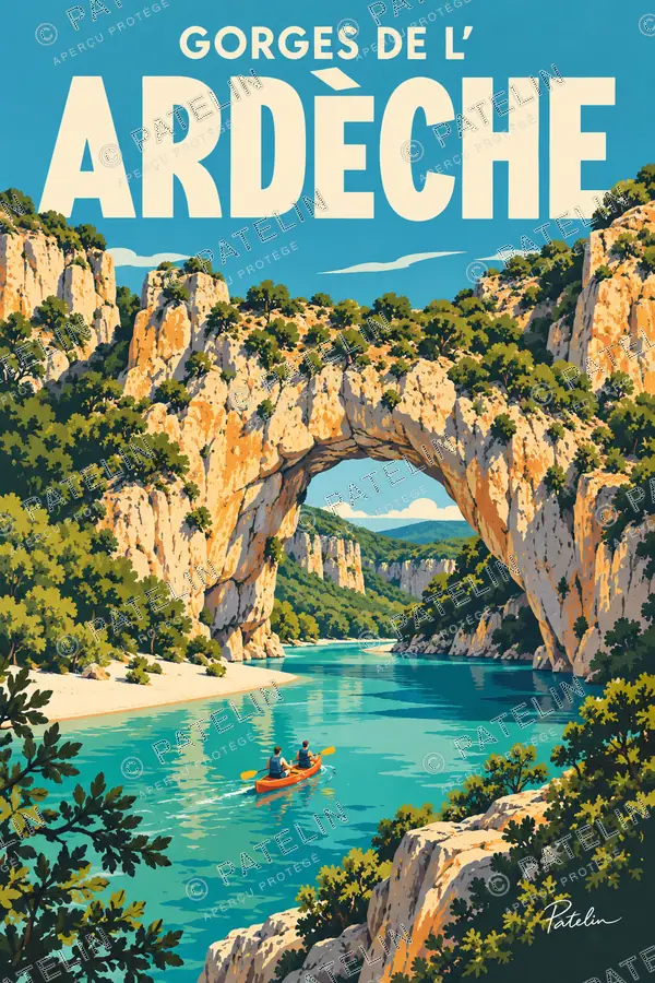 Illustration Gorges de l’Ardèche — Le Pont d’Arc dans les gorges, style Pop
