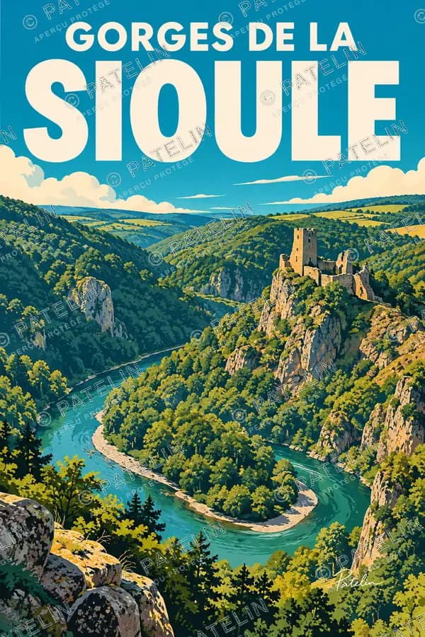 Illustration Gorges de la Sioule — Les gorges et le château, style Pop
