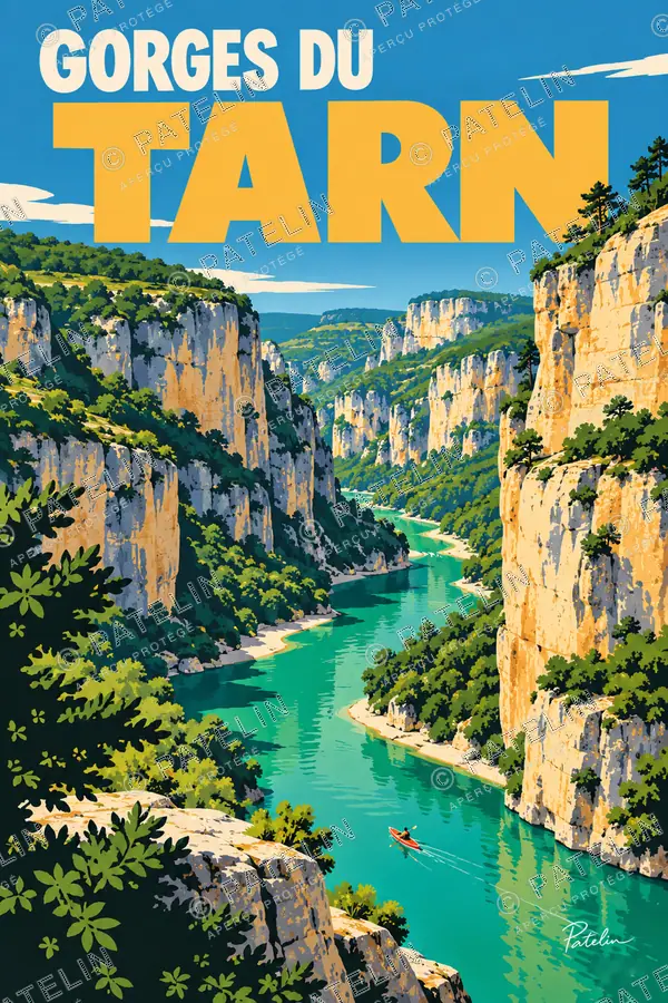 Illustration Gorges du Tarn — Les gorges et les canoës, style Pop