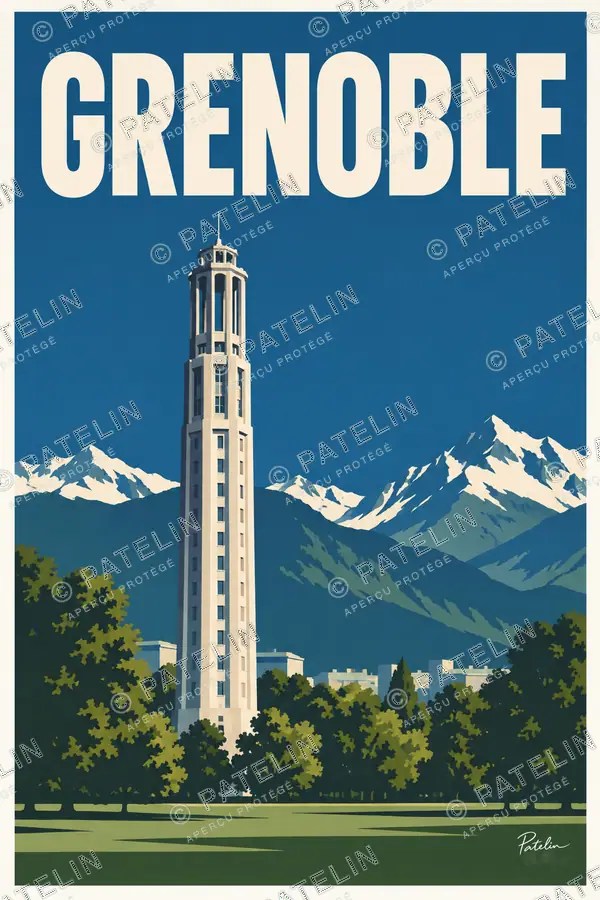Illustration Grenoble — La tour Perret et les montagnes, style Minimal