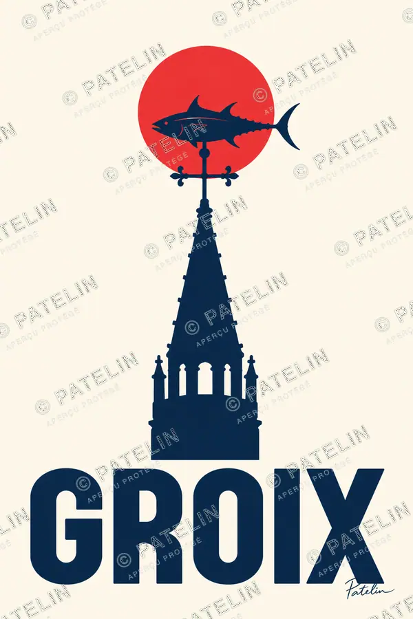 Illustration Groix — Le clocher et le thon, style Minimal