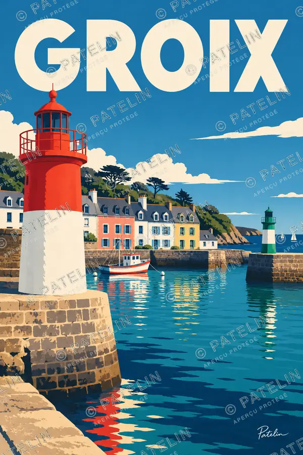 Illustration Groix — Le phare à l’entrée du port, style Pop