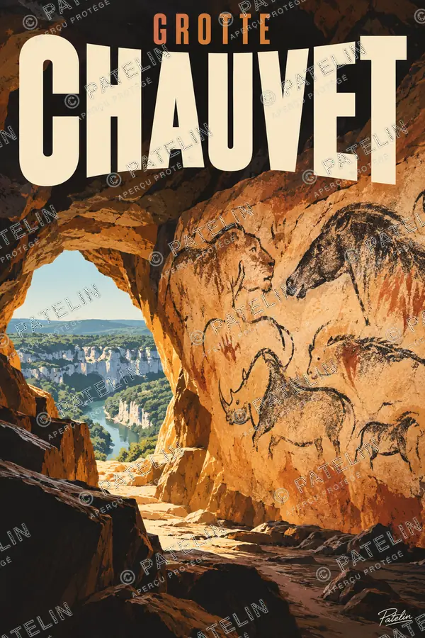 Illustration Grotte Chauvet — Le porche et les fresques, style Pop