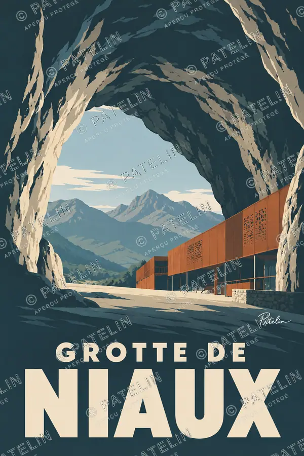 Illustration Grotte de Niaux — L’entrée de la grotte face aux montagnes, style Minimal