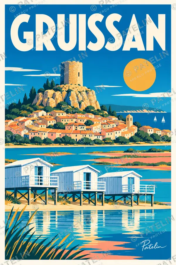 Illustration Gruissan — La tour, le village et les chalets, style Pop