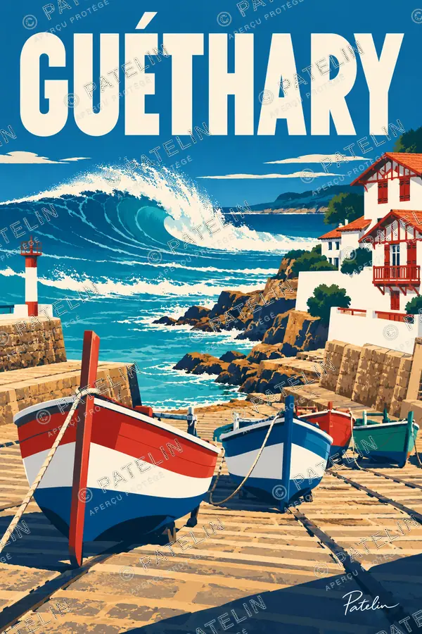 Illustration Guéthary — Les barques du port, style Pop