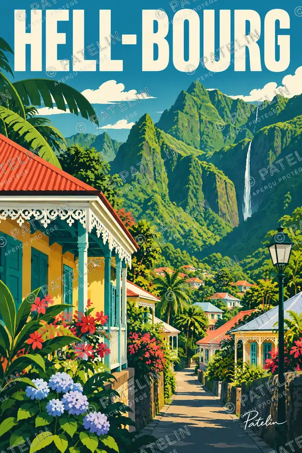Illustration Hell-Bourg — Les cases créoles et les montagnes, style Pop