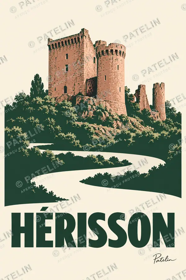 Illustration Hérisson — Les ruines au-dessus de l’Aumance, style Minimal