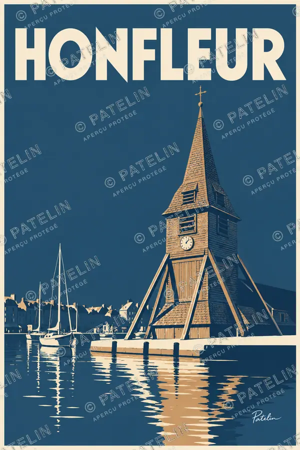 Illustration Honfleur — Le clocher et les reflets, style Minimal