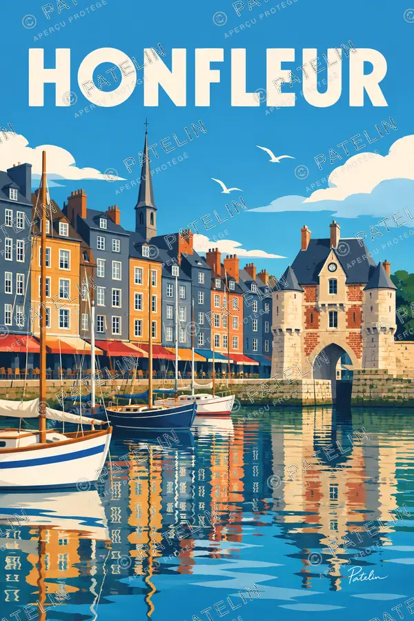 Illustration Honfleur — Les façades et le port, style Pop