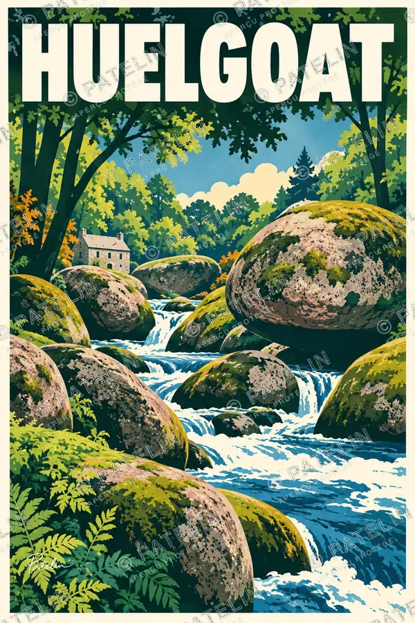 Illustration Huelgoat — Les rochers et la rivière en forêt, style Pop