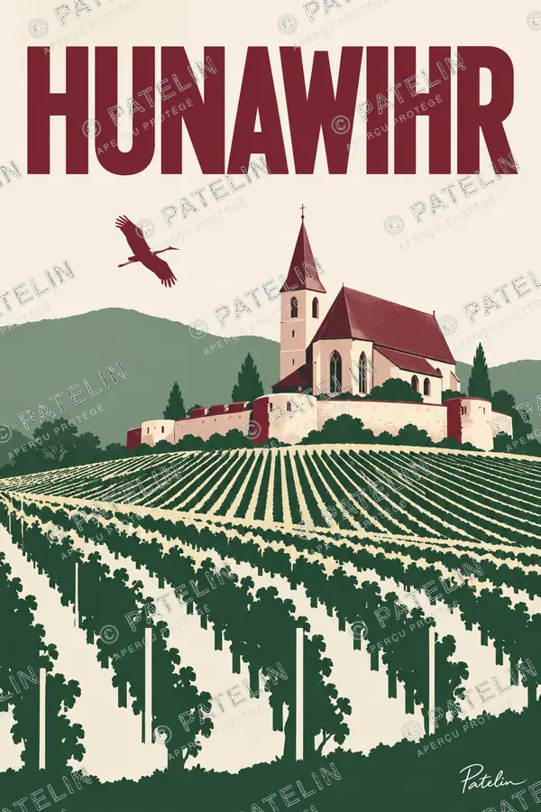 Illustration Hunawihr — L’église au-dessus des vignes, style Minimal
