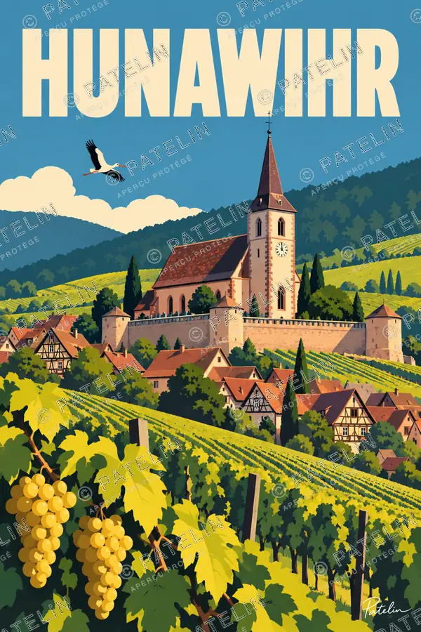 Illustration Hunawihr — Le village et le vignoble, style Pop