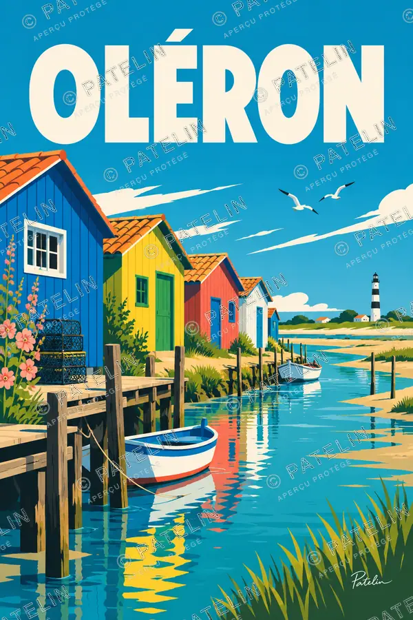 Île d’Oléron — Les cabanes colorées et le chenal, illustration Pop